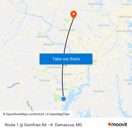Route 1 @ Dumfries Rd to Damascus, MD map