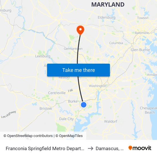 Franconia Springfield Metro Departures to Damascus, MD map