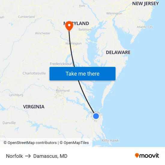 Norfolk to Damascus, MD map