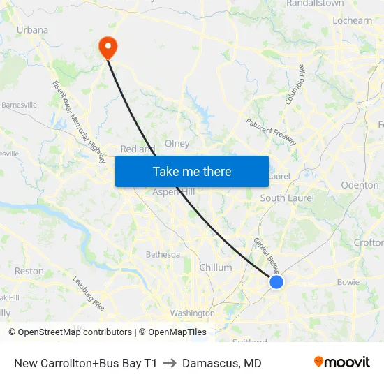 New Carrollton+Bus Bay T1 to Damascus, MD map