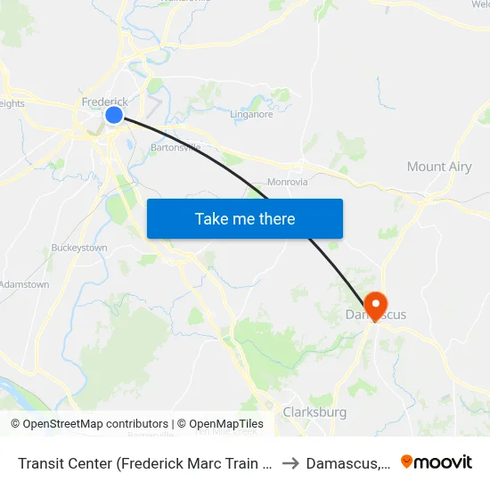 Transit Center (Frederick Marc Train Station) to Damascus, MD map