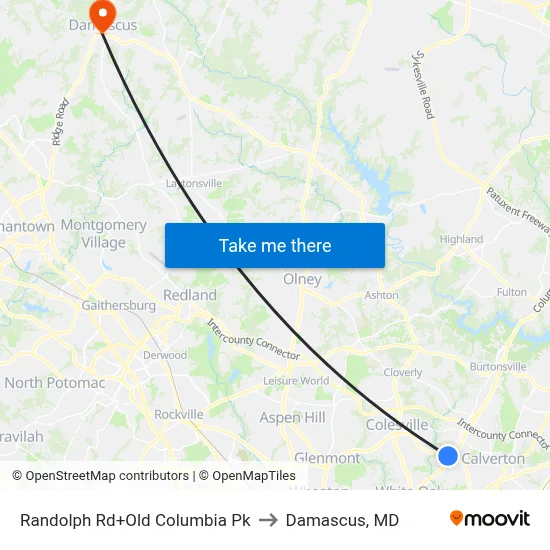 Randolph Rd+Old Columbia Pk to Damascus, MD map