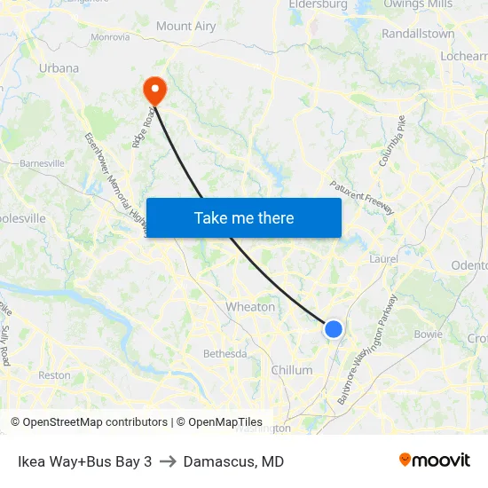 Ikea Way+Bus Bay 3 to Damascus, MD map