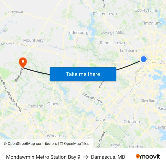 Mondawmin Metro Station Bay 9 to Damascus, MD map