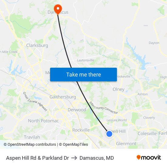 Aspen Hill Rd & Parkland Dr to Damascus, MD map