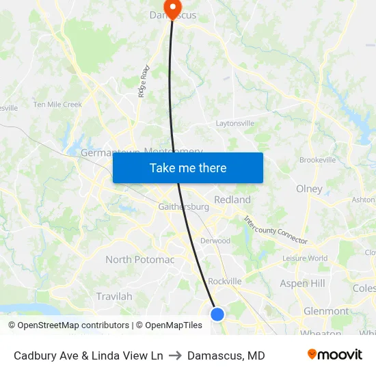 Cadbury Ave & Linda View Ln to Damascus, MD map