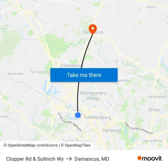 Clopper Rd & Sullnich Wy to Damascus, MD map
