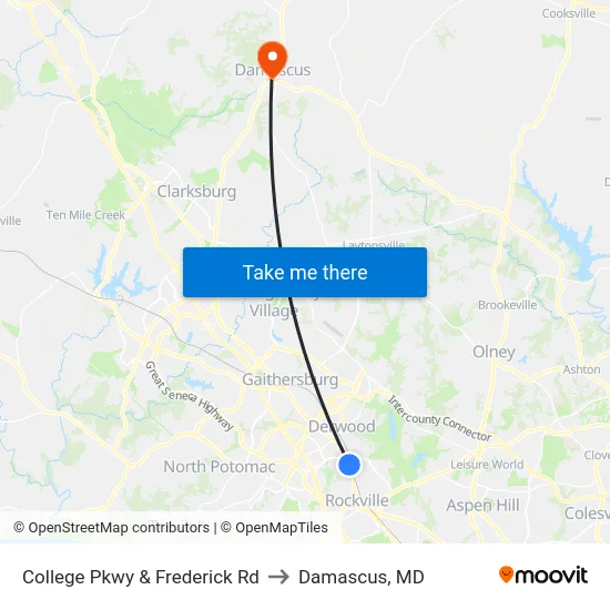College Pkwy & Frederick Rd to Damascus, MD map
