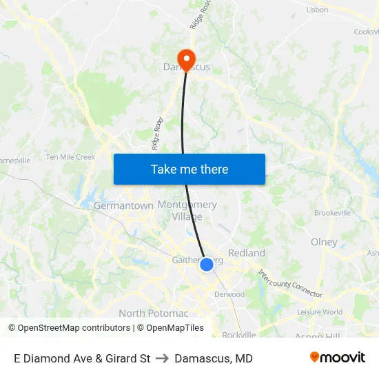 E Diamond Ave & Girard St to Damascus, MD map