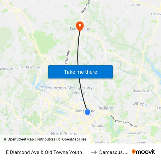E Diamond Ave & Old Towne Youth Center to Damascus, MD map