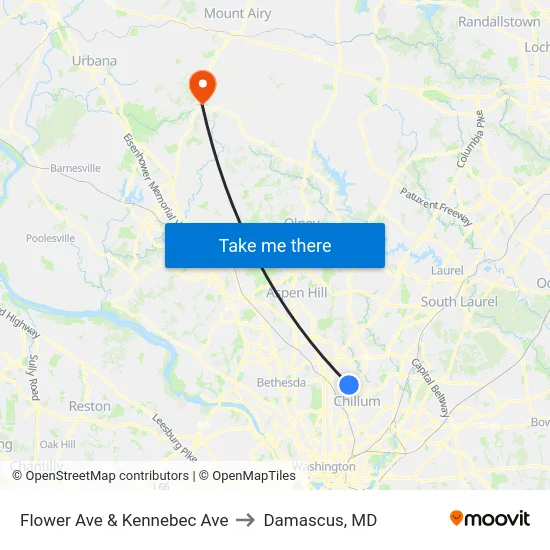 Flower Ave & Kennebec Ave to Damascus, MD map
