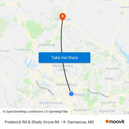 Frederick Rd & Shady Grove Rd to Damascus, MD map