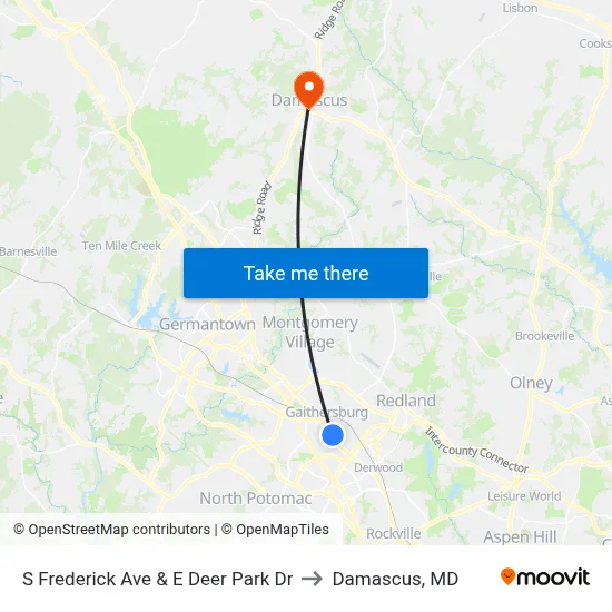 S Frederick Ave & E Deer Park Dr to Damascus, MD map