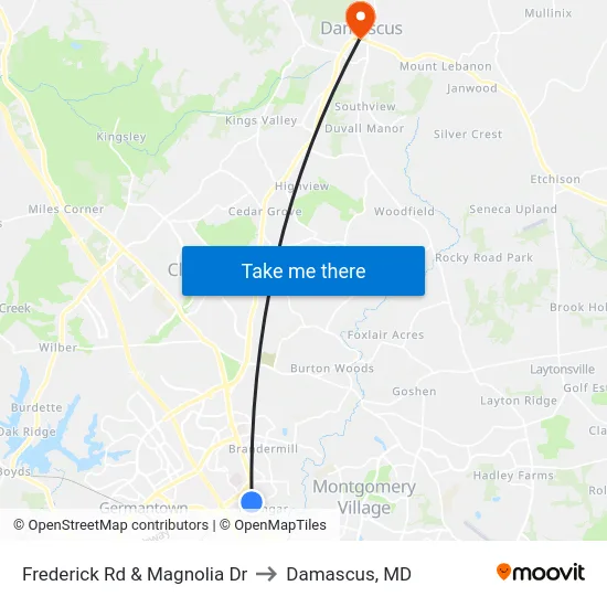 Frederick Rd & Magnolia Dr to Damascus, MD map