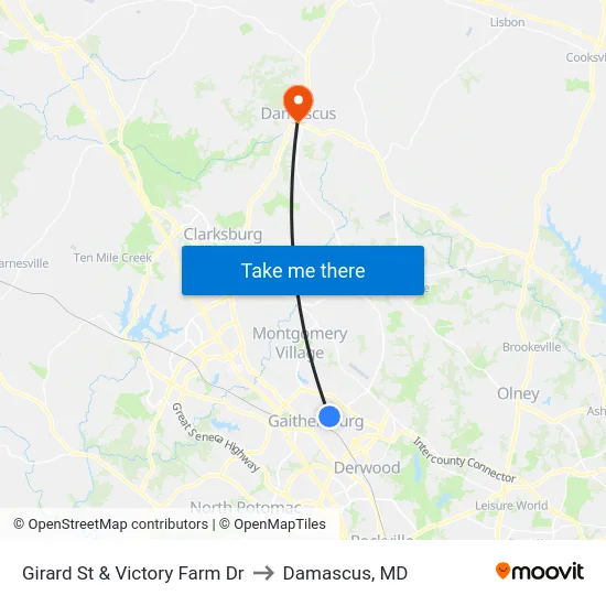 Girard St & Victory Farm Dr to Damascus, MD map