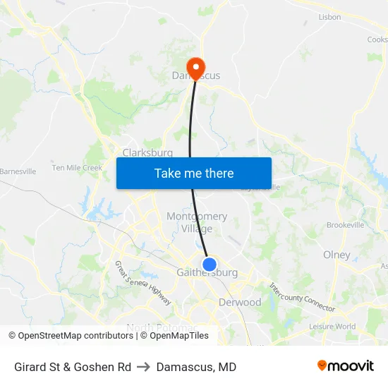Girard St & Goshen Rd to Damascus, MD map