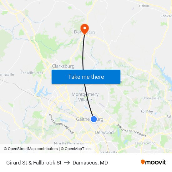 Girard St & Fallbrook St to Damascus, MD map