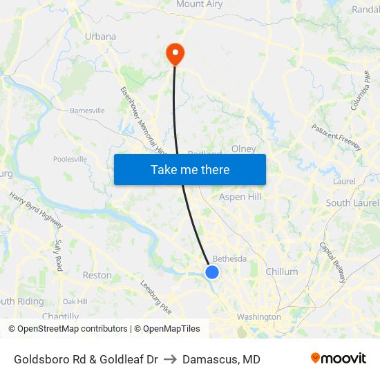 Goldsboro Rd & Goldleaf Dr to Damascus, MD map