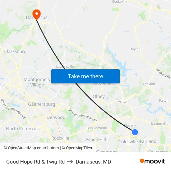 Good Hope Rd & Twig Rd to Damascus, MD map