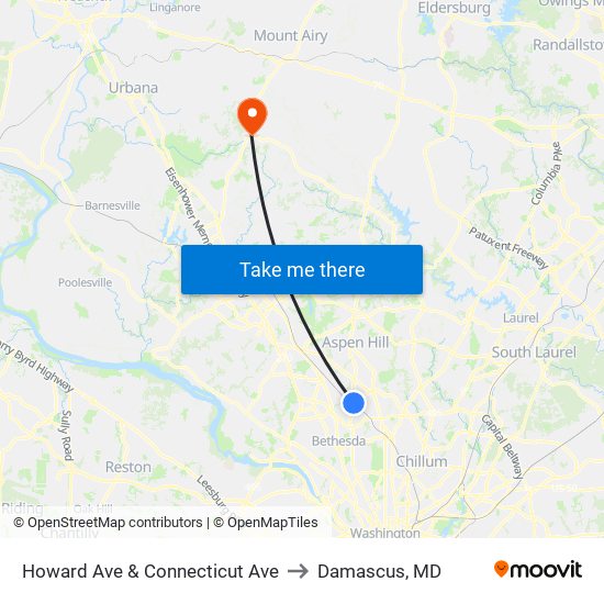 Howard Ave & Connecticut Ave to Damascus, MD map