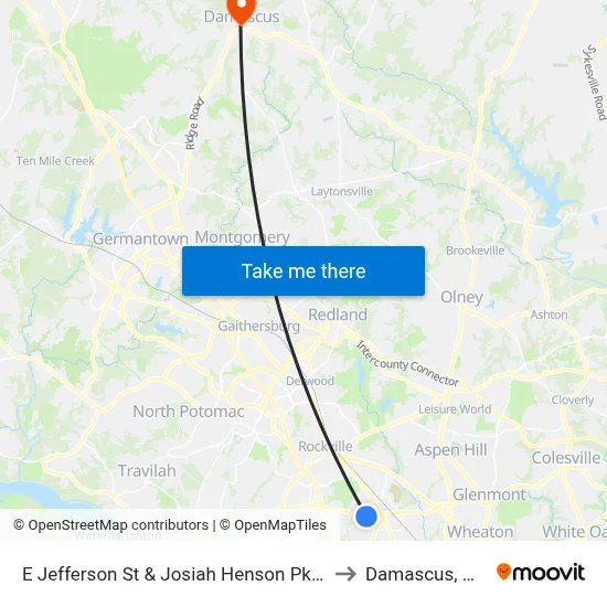 E Jefferson St & Josiah Henson Pkwy to Damascus, MD map