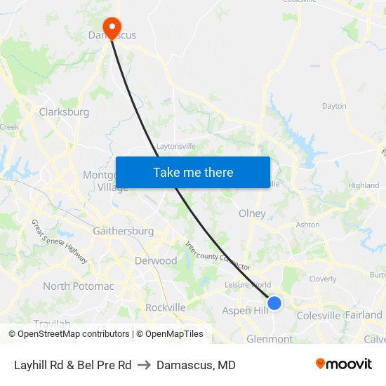 Layhill Rd & Bel Pre Rd to Damascus, MD map