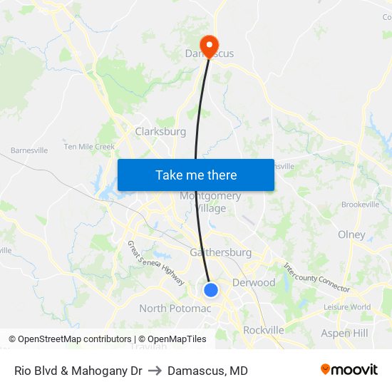 Rio Blvd & Mahogany Dr to Damascus, MD map