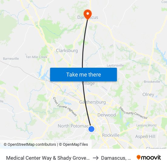 Medical Center Way & Shady Grove Rd to Damascus, MD map