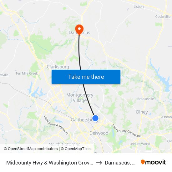 Midcounty Hwy & Washington Grove Ln to Damascus, MD map