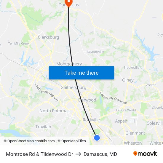 Montrose Rd & Tildenwood Dr to Damascus, MD map