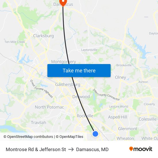 Montrose Rd & Jefferson St to Damascus, MD map