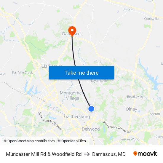 Muncaster Mill Rd & Woodfield Rd to Damascus, MD map