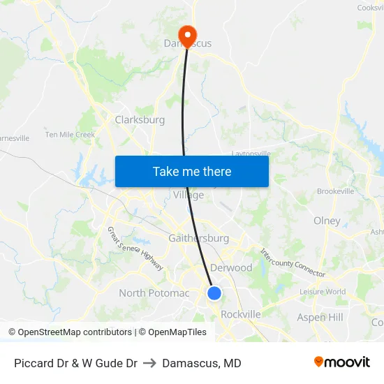 Piccard Dr & W Gude Dr to Damascus, MD map