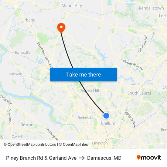 Piney Branch Rd & Garland Ave to Damascus, MD map