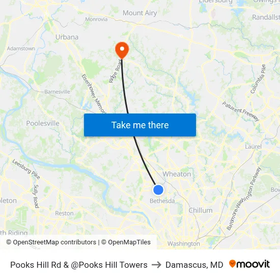 Pooks Hill Rd & @Pooks Hill Towers to Damascus, MD map