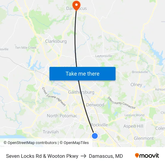 Seven Locks Rd & Wootton Pkwy to Damascus, MD map