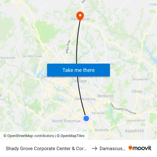 Shady Grove Corporate Center & Corporate Blvd to Damascus, MD map