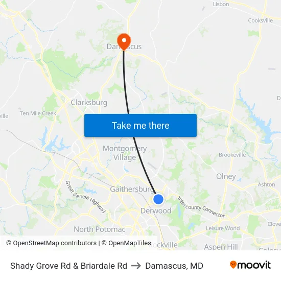 Shady Grove Rd & Briardale Rd to Damascus, MD map