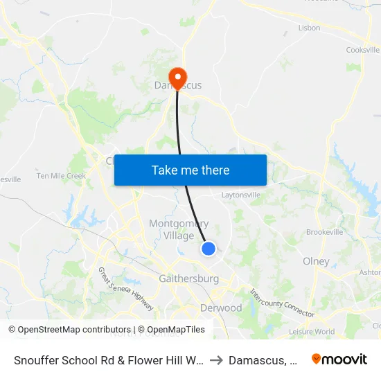 Snouffer School Rd & Flower Hill Way to Damascus, MD map