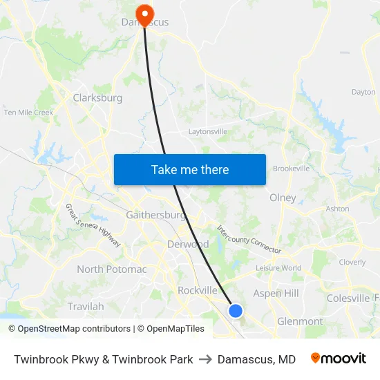 Twinbrook Pkwy & Twinbrook Park to Damascus, MD map