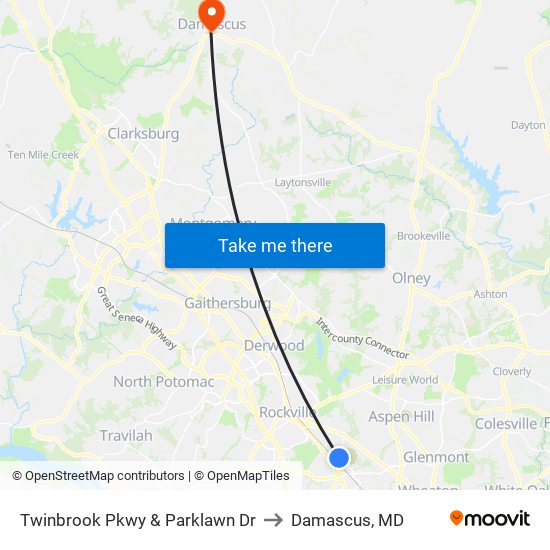 Twinbrook Pkwy & Parklawn Dr to Damascus, MD map