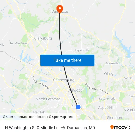 N Washington St & Middle Ln to Damascus, MD map