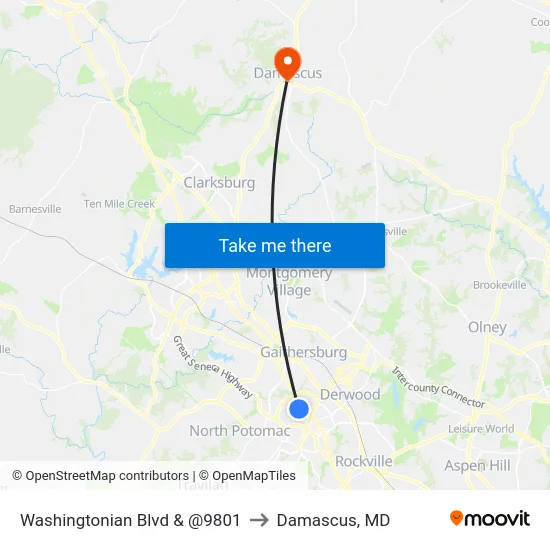 Washingtonian Blvd & @9801 to Damascus, MD map