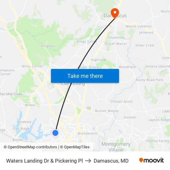 Waters Landing Dr & Pickering Pl to Damascus, MD map