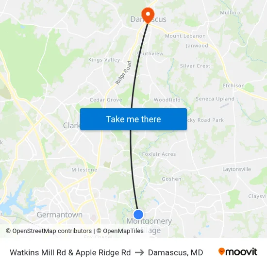 Watkins Mill Rd & Apple Ridge Rd to Damascus, MD map