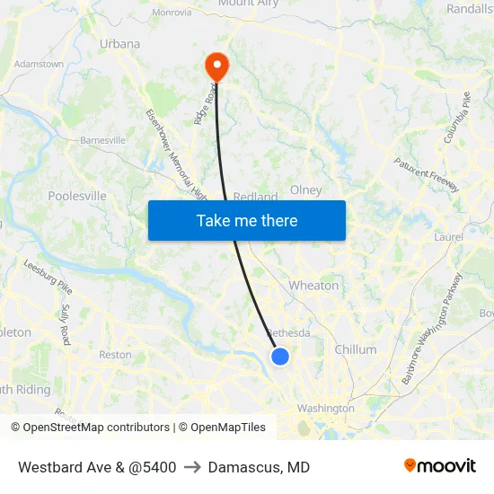 Westbard Ave & @5400 to Damascus, MD map