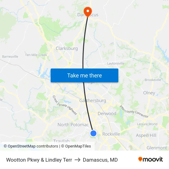 Wootton Pkwy & Lindley Terr to Damascus, MD map