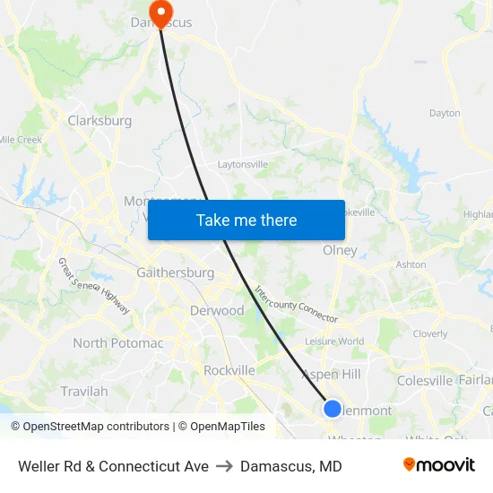 Weller Rd & Connecticut Ave to Damascus, MD map