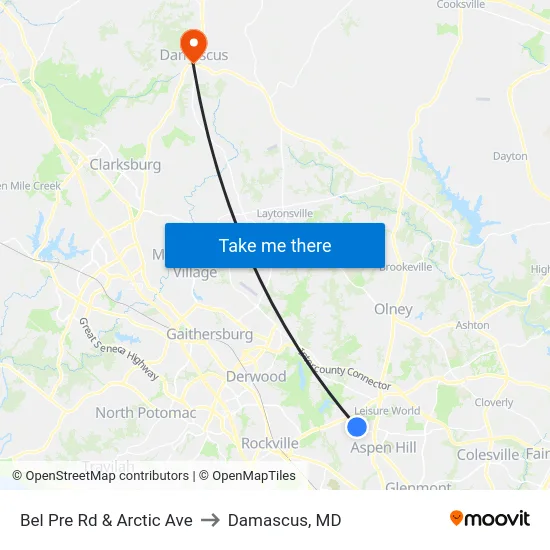 Bel Pre Rd & Arctic Ave to Damascus, MD map