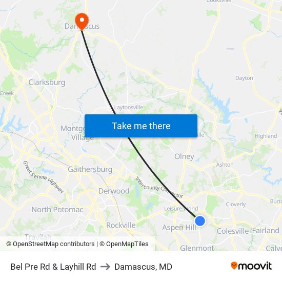 Bel Pre Rd & Layhill Rd to Damascus, MD map